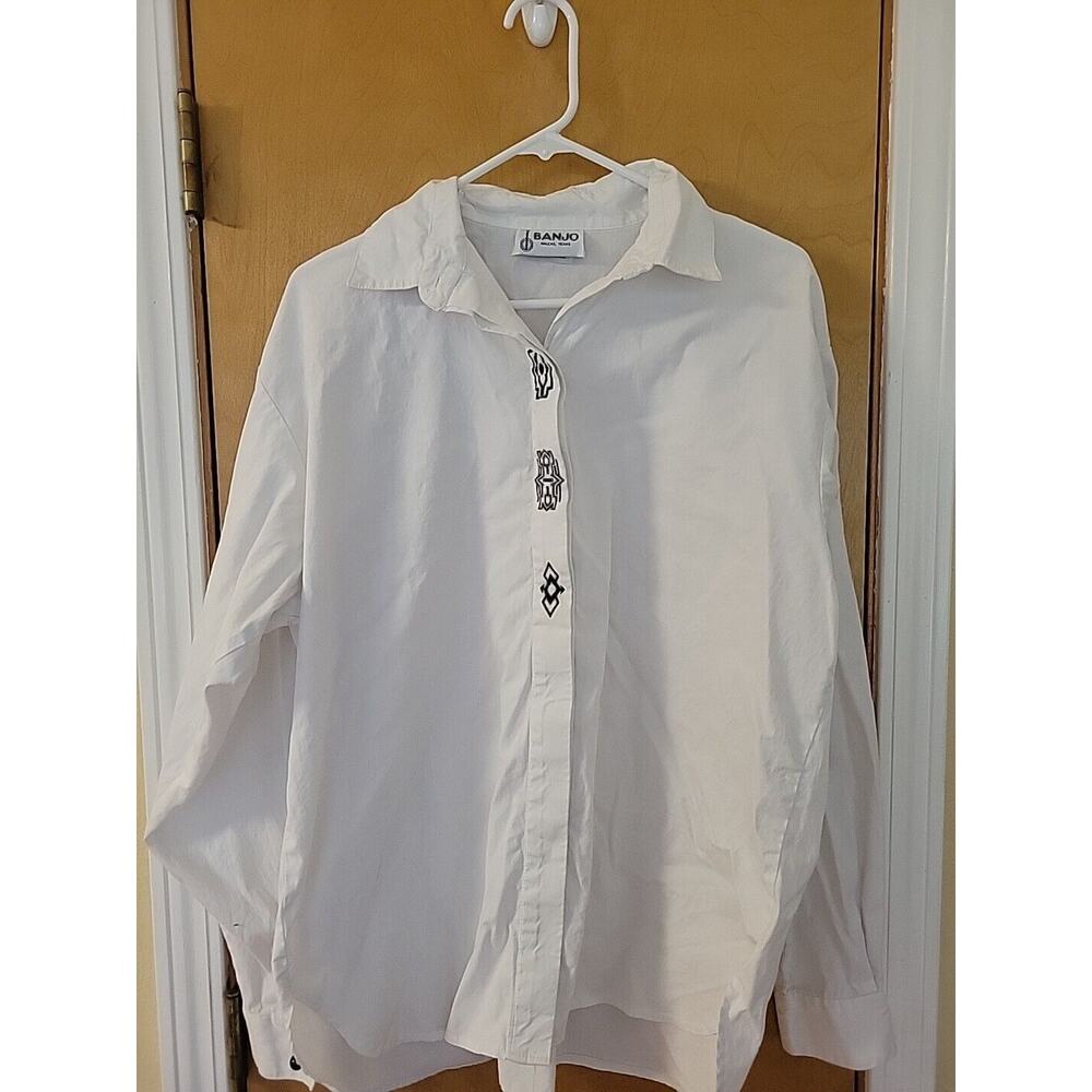 Vintage 80s BANJO Womens Western Button Down Shirt Retro White Size L